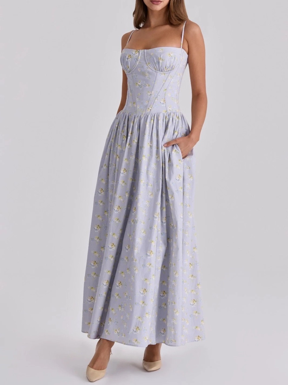 House of cb Rona Blue wildflower print cotton lace up  maxi dress